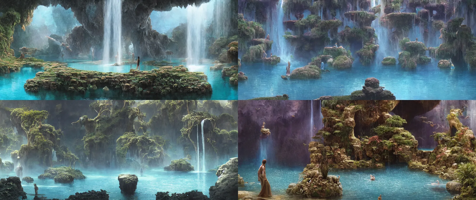 Prompt: closeup of magic water gate, iridescent shimmering pools, oasis in the desert, floating stones, cascading iridescent waterfalls, dimension of infinite space, by beksinski, greg rutkowski, wlop, artgerm, andrei riabovitchev, nuri iyem, james gurney, james jean, highly detailed, soft lighting, 8k resolution, oil on canvas