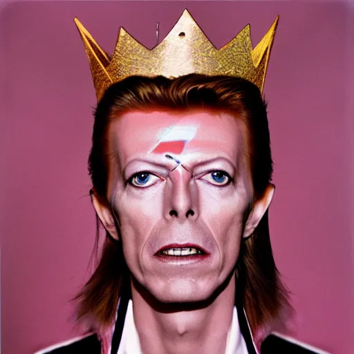 Prompt: ultra realistic portrait photography of david bowie wearing kings crown, in style of lomography, 3 5 mm no dof