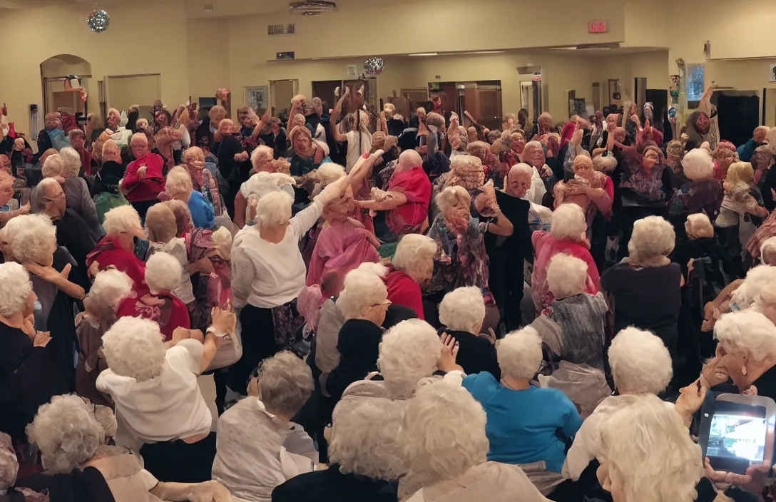 Prompt: a nursing home mosh pit with flashing lights