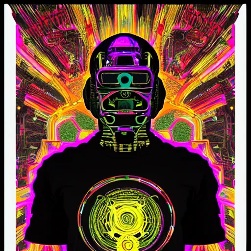 Image similar to black tshirt with a hyperdetailed portrait of a meditating diesel punk robot, 8 k, symetrical, flourescent colors, halluzinogenic, multicolored,