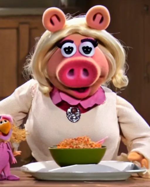 Prompt: photoshoot of muppet miss piggy preparing a meal, 8 k, photorealistic