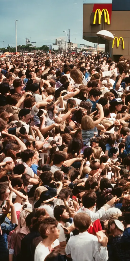 Image similar to A crowd gathers as a McDonalds floats into the sky, 35mm film