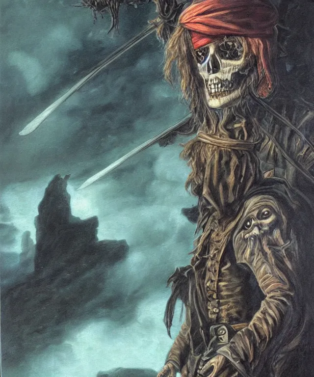 Image similar to ultra realistic color portrait painting of a tranparent 1 7 th century pirate ghost with a sword in a grotto, dark, painted, brooding, atmospheric, seascape, horror, smooth, epic, highly detailed, cinematic, by larry elmore