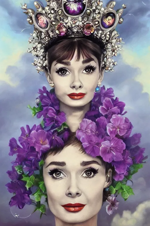 Image similar to closeup portrait fine art photo of the beauty audrey hepburn, she has a crown of stunning flowers and dress of purple satin and gemstones, symmetrical realistic eyes, background full of stormy clouds, by peter mohrbacher