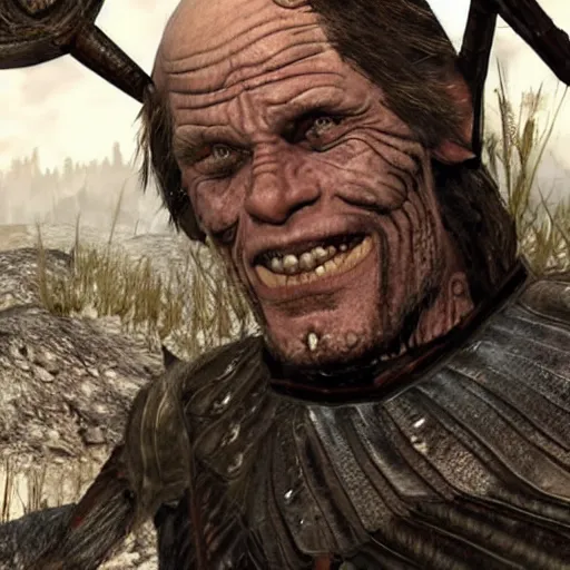 Prompt: willem dafoe in skyrim fights with a mud crab