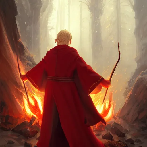 Image similar to middle adged blonde male elf wizard in red robes holding staff, surrounded by fire, epic wallpaper, high fantasy, trees, intricate detail, digital painting, artstation, concept art, smooth, sharp focus, illustration, art by greg rutkowski and wlop and raymond swanland and ross tran
