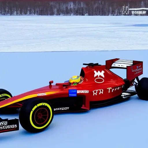 Image similar to an f1 car drifting across a frozen ice lake, cinematic shot