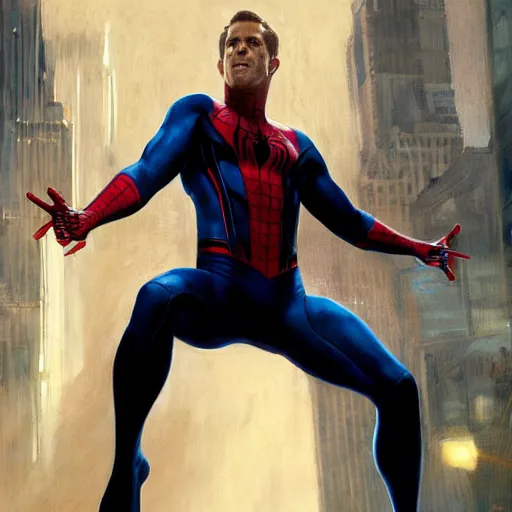 Image similar to ryan reynolds as spider - man, wearing a black and blue suit, cinematic, volumetric lighting, f 8 aperture, cinematic eastman 5 3 8 4 film, photorealistic by greg rutkowski, by stanley artgerm, by alphonse mucha