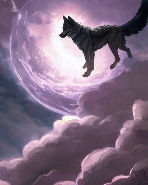 Image similar to '' Illustration of a wolf chasing the moon through the sky, league of legends, LOL, fantasy, d&d, digital painting, artstation, concept art, sharp focus, illustration, art by greg rutkowski and alphonse mucha ''
