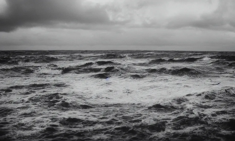 Image similar to 3 5 mm film still, stormy ocean atlantis city