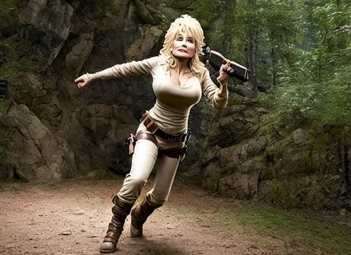 Image similar to film still of!!!! dolly parton!!! as lara croft in new tomb raider movie, 8 k