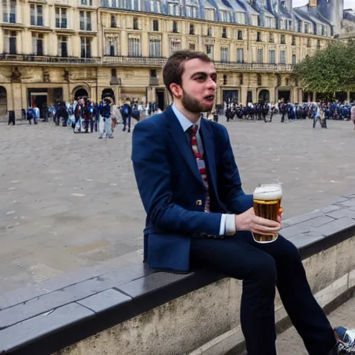 Image similar to An Oxbridge DPhil student drinking beer in Paris. High resolution. Highly detailed. 8k. 4k. Dramatic