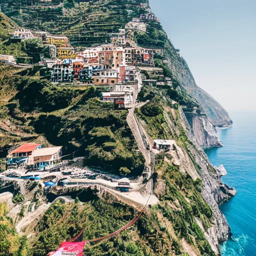 Prompt: matterhorn in the seaside with cinque terre cities on a cliff, drone picture, very realistic