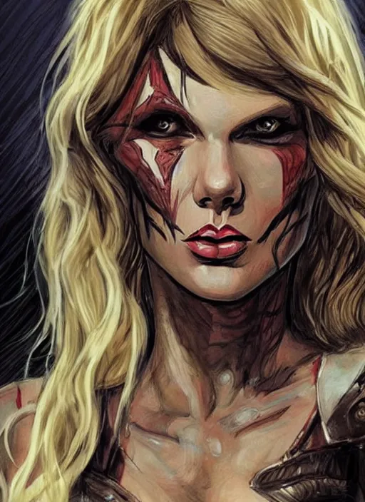 Image similar to beautiful concept art comic book drawing of taylor swift imitating an uruk - hai by randy vargas and simon bisley