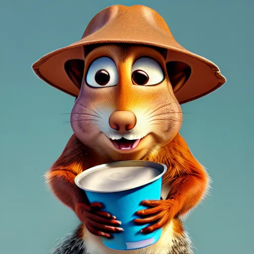 Image similar to a squirrel wearing a bucket hat. pixar.