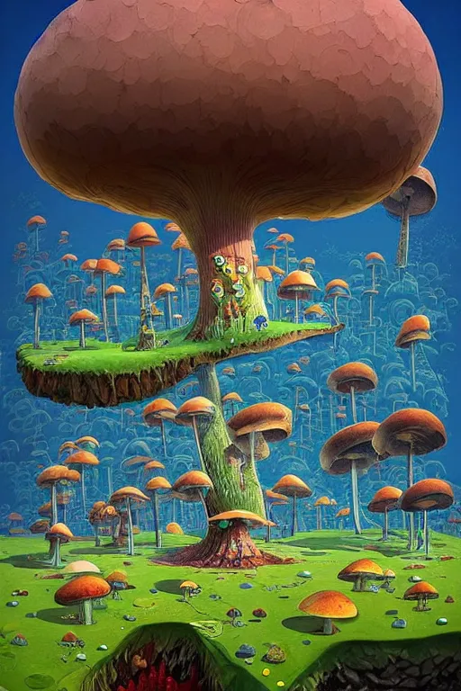 Image similar to surreal mushroom kingdom, floating island in the sky, water pipes in the ground, summer morning, very coherent and colorful high contrast, art by!!!! gediminas pranckevicius!!!!, geof darrow, dark shadows, hard lighting