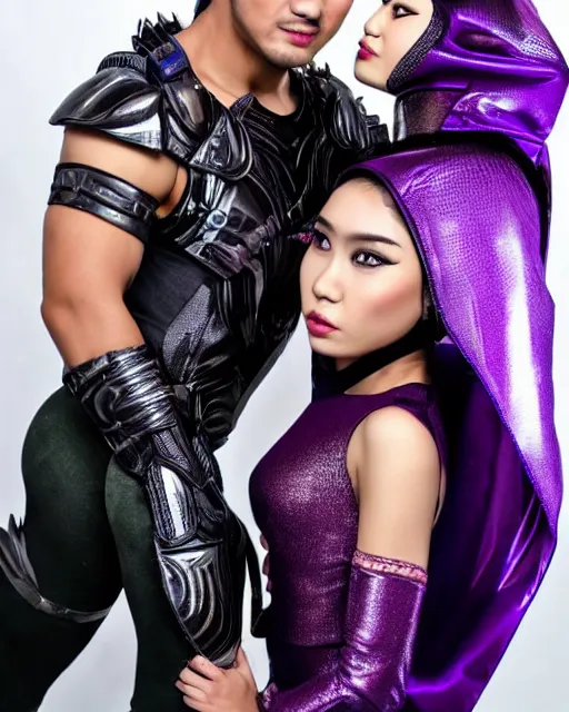 Prompt: photoshoot of a beautiful indonesian woman and handsome incredibly muscular indonesian man, both have short hair and elf ears and both wear a purple futuristic armored superhero costume, photorealistic