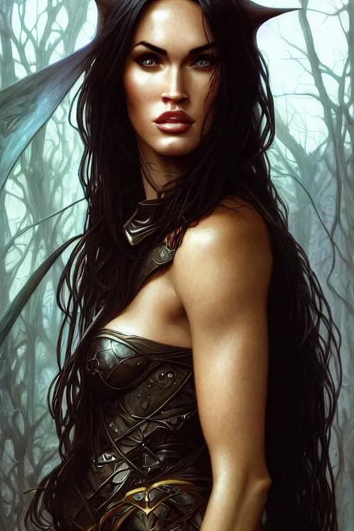 Image similar to portrait of megan fox as an elven mage, dark, piercing eyes, gentle expression, elegant clothing, photorealistic, highly detailed, artstation, smooth, sharp focus, art by michael whelan, artgerm, greg rutkowski and alphonse mucha