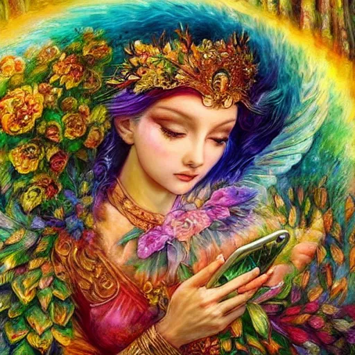 Image similar to goddess of nature checking her phone, magic realism, art by josephine wall, art by huang guangjian, art by viktoria gavrilenko, art by amanda sage, trending on artstation ( ( ( album ) ) ) ( ( ( panels ) ) )