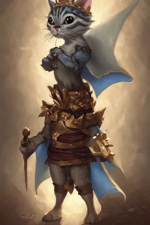 Image similar to cute little anthropomorphic cat knight wearing a cape and a crown, tiny, small, miniature cat , baby animal, short, pale blue armor, cute and adorable, pretty, beautiful, DnD character art portrait, matte fantasy painting, DeviantArt Artstation, by Jason Felix by Steve Argyle by Tyler Jacobson by Peter Mohrbacher, cinematic lighting