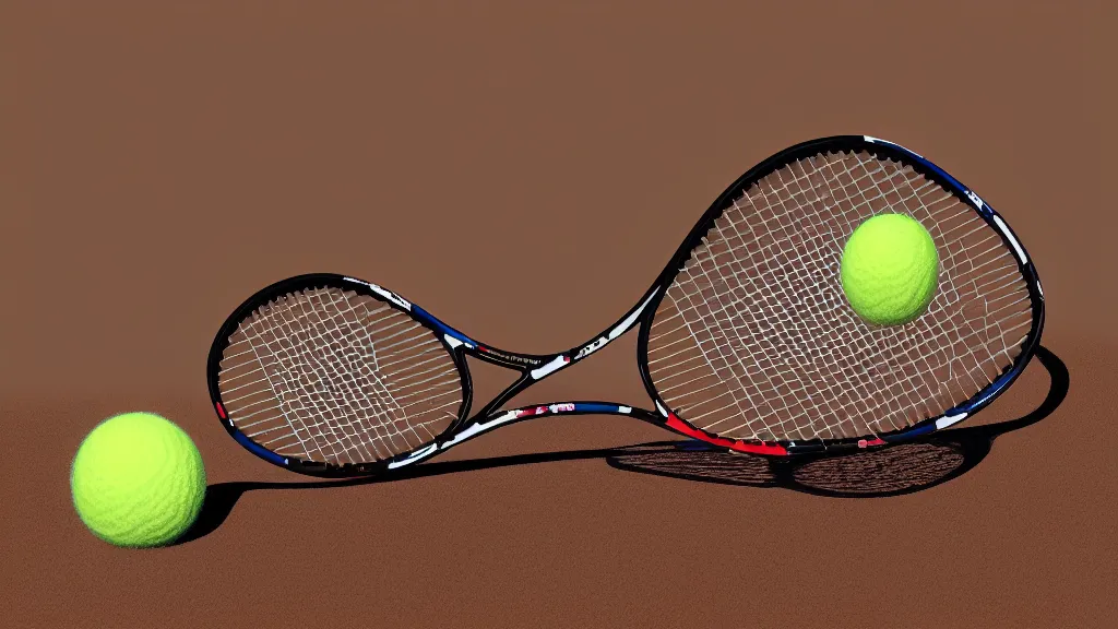 Image similar to a 3D render of a tennis racket, laying on top of a tennis ball in the dessert, high contrast, highly detailed, sharp focus, digital painting, 3D art, illustration, trending on artstation,