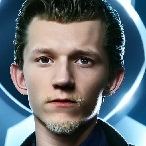 Image similar to tom holland as a rough dirty old man with a scruffy beard in a dark blue trenchcoat as the new doctor who, cinematic, volumetric lighting, f 8 aperture, cinematic eastman 5 3 8 4 film, photorealistic