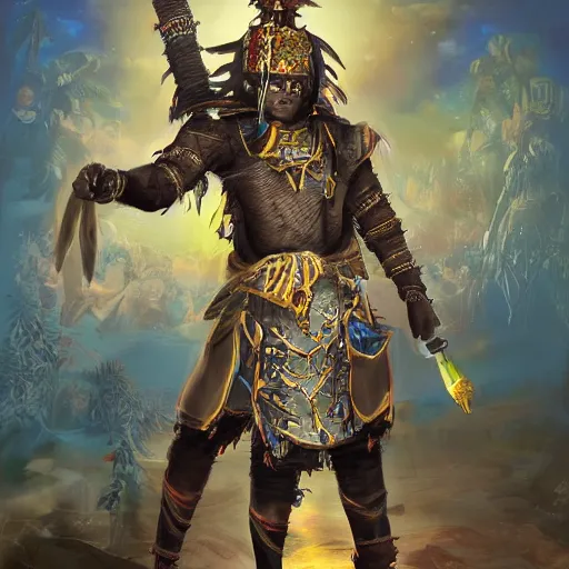 Image similar to a young black boy dressed like an african moorish warrior, wearing golden armor and a crown with a ruby and a black diamond in his forehead, posing with a very ornate glowing electric spear!!!!!!!!, for honor character digital illustration portrait design, by android jones in a psychedelic fantasy style, dramatic lighting, hero pose, wide angle dynamic portrait