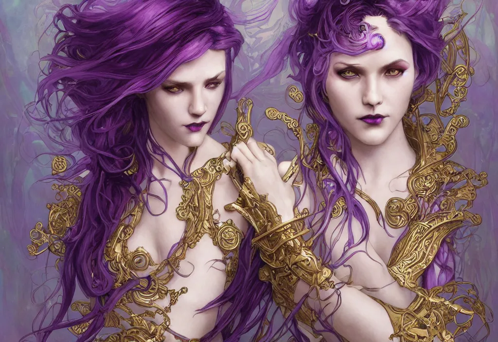 Image similar to vampire with purple hair in sci - fi bionic armor, highly detailed, very intricate, art nouveau, gold filigree, romantic storybook fantasy, soft cinematic lighting, award - winning, disney concept art watercolor illustration by mandy jurgens and alphonse mucha and alena aenami, pastel color palette, featured on artstation