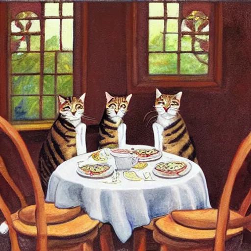 Prompt: three tabby cats attend a fancy english tea party, photorealistic photorealism