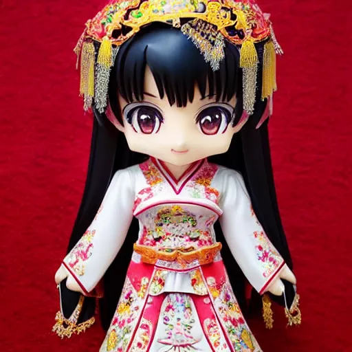 Image similar to cute and gorgeous asian girl in a pretty intricate chinese dress, beautiful symmetrical eyes, nendoroid face symmetry