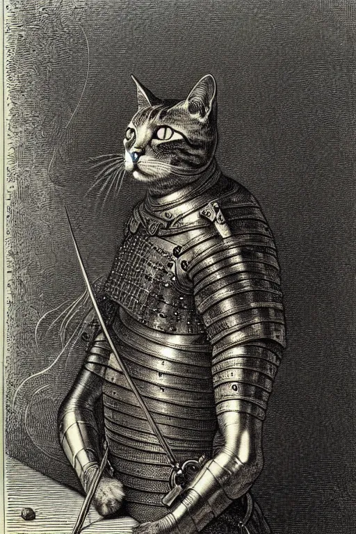 Image similar to engraving portrait of humanoid cat in medieval armoury by gustave dore