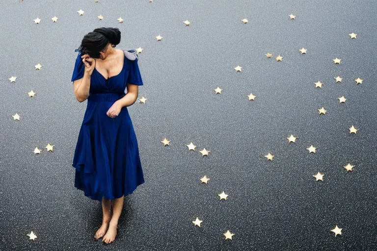 Image similar to woman in dark blue dress with gold stars rain, XF IQ4, 150MP, 50mm, f/1.4, ISO 200, 1/160s, natural light, Adobe Photoshop, Adobe Lightroom, DxO Photolab, Corel PaintShop Pro, rule of thirds, symmetrical balance, depth layering, polarizing filter, Sense of Depth, AI enhanced