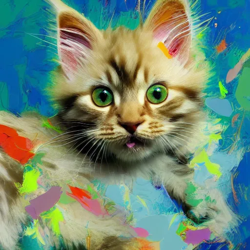 Image similar to a cream - colored maine coon kitten, digital art, by david schluss, colorful, gestural painting, abstract expressionists, jackson pollock, willem de kooning. energy influenced by both nature and music