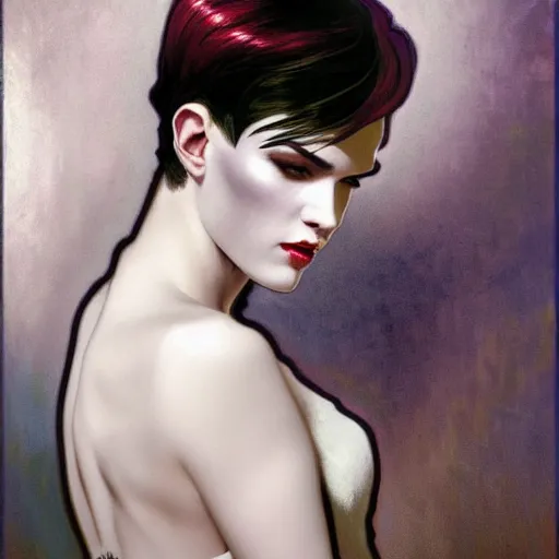 Image similar to beautiful portrait of androgynous ruby rose as desire from sandman in a white tuxedo!!!, rockabilly style, by alphonse mucha, cedric peyravernay, by jeremy mann, by frank moth, white suit and black tie, soft lightning, high detailed, 8 k