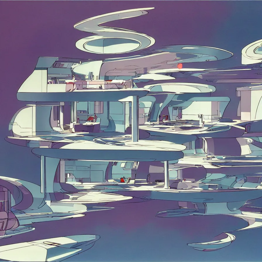 Prompt: concept art of jetsons cartoon scenario of a futuristic house, painted by syd mead