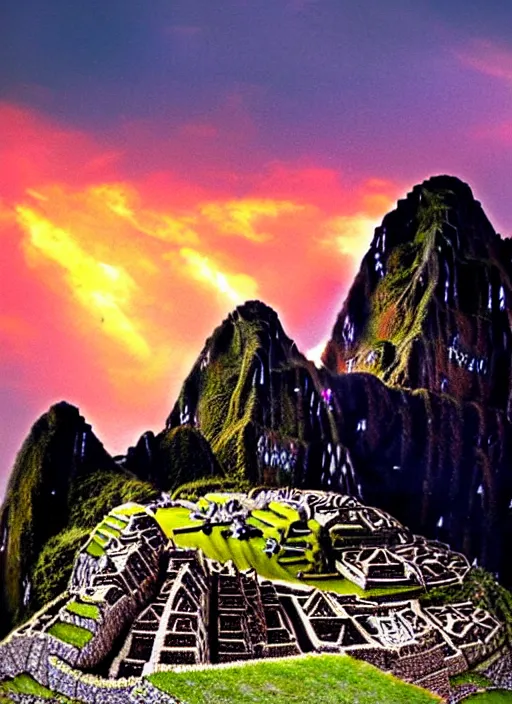 Prompt: a beautiful concept art painting of a sunrise on the machu picchu, beautiful lighting, fantasy art