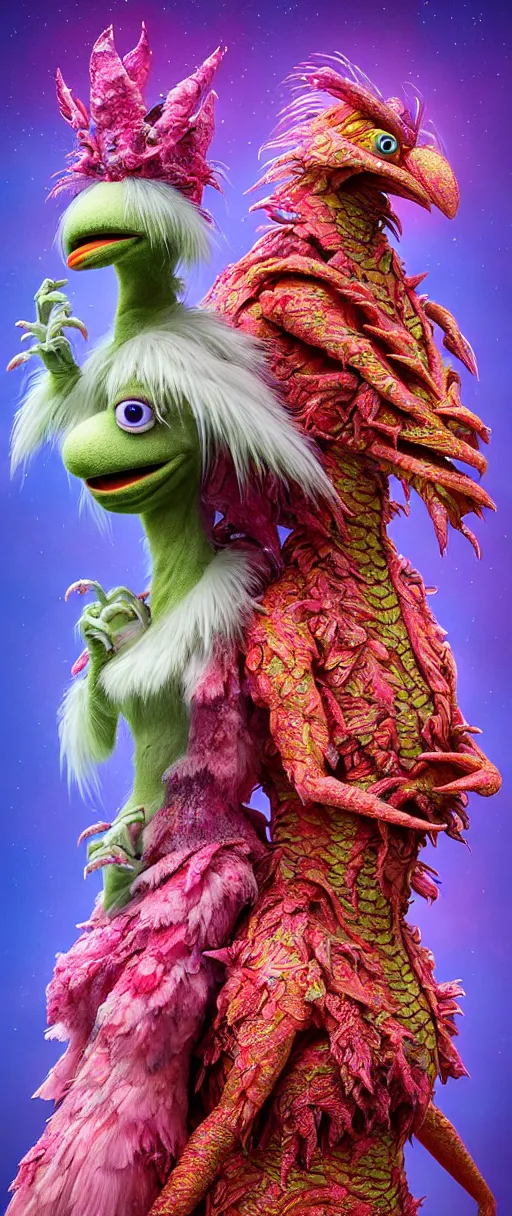 Image similar to hyper detailed 3d render like a Oil painting - kawaii portrait of two Aurora (a beautiful skeksis muppet fae princess protective playful expressive eyes from dark crystal that looks like Anya Taylor-Joy) seen red carpet photoshoot in UVIVF posing in scaly dress to Eat of the Strangling network of yellowcake aerochrome and milky Fruit and His delicate Hands hold of gossamer polyp blossoms bring iridescent fungal flowers whose spores black the foolish stars by Jacek Yerka, Ilya Kuvshinov, Mariusz Lewandowski, Houdini algorithmic generative render, Abstract brush strokes, Masterpiece, Edward Hopper and James Gilleard, Zdzislaw Beksinski, Mark Ryden, Wolfgang Lettl, hints of Yayoi Kasuma and Dr. Seuss, octane render, 8k