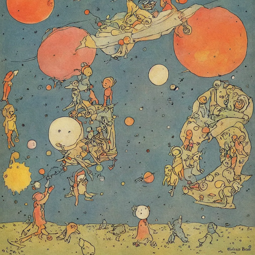 Prompt: single planet, cute, art print, lithography, baby room, by elsa beskow, saturn