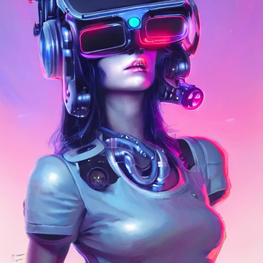 Image similar to portrait of a beautiful cybernetic tankgirl wearing an oculus rift headset, cyberpunk concept art by pete mohrbacher and artgerm and wlop and deathburger and syd mead, digital art, highly detailed, intricate, sci-fi, neon colors, sharp focus, Trending on Artstation HQ, deviantart, unreal engine 5, 4K UHD image