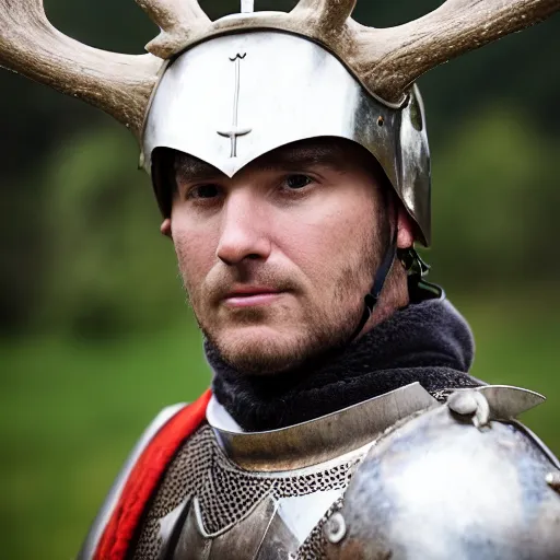 Image similar to a head and shoulders action portrait photo of a knight in a stag - themed helmet