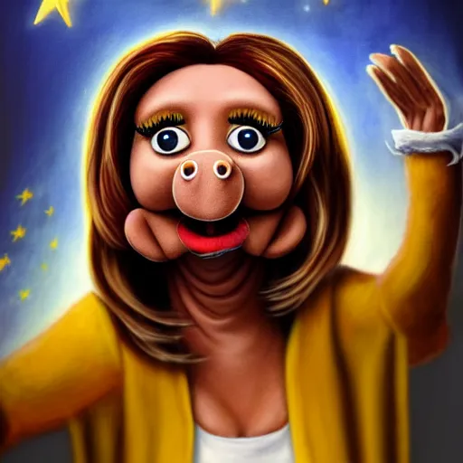 Prompt: « full length portrait of nancy pelosi as an muppet in a white robe and flaming yellow eyes, seven stars in right hand, grim - lighting, high - contrast, intricate, elegant, highly detailed, digital painting, artstation, concept art, smooth, sharp focus, illustration »