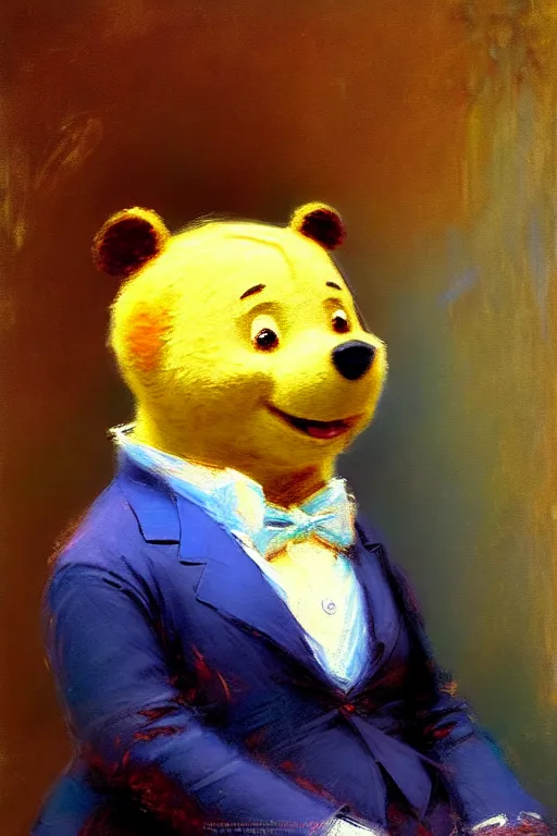 Image similar to soft colorsphotograph imax and solomon joseph solomon and richard schmid and jeremy lipking victorian loose genre loose painting full length portrait painting of winnie - the - pooh disney