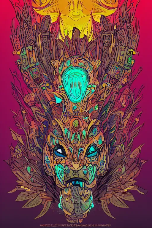 Image similar to animal mask totem roots flower tribal feather gemstone plant wood rock shaman vodoo video game vector cutout illustration vivid multicolor borderlands comics by josan gonzales and dan mumford radiating a glowing aura