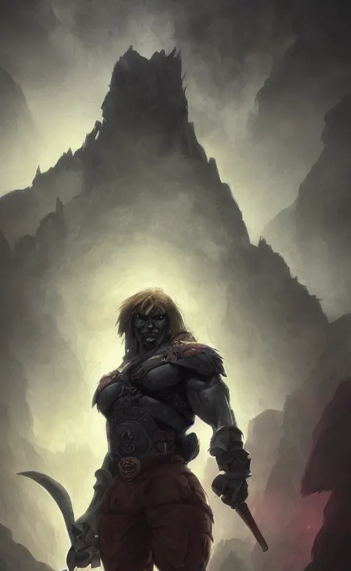 Image similar to Full body centered uncut character pose of mysterious-eerie-ominous He-Man, dark grey shadowy smokey background, atmospheric, cinematic, Epic, ultra-detailed, sharp focus, colored illustration, artwork by Jordan Grimmer and Greg Rutkowski