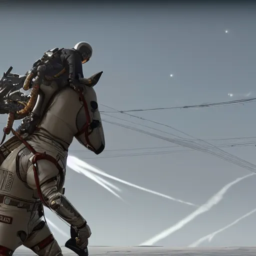 Image similar to death stranding game, an astronaut carries a toy horse on his back, the horse is above all, an astronaut carries a horse on his back, a horse riding an astronaut, games lag, lag in the game, unreal engine 5, artstationhd, 4 k, 8 k, 3 d render, 3 d houdini, cinema 4 d, octane,