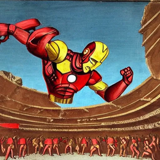 Image similar to hellenistic greece painting of old - fashioned - ironman flying across the coliseum