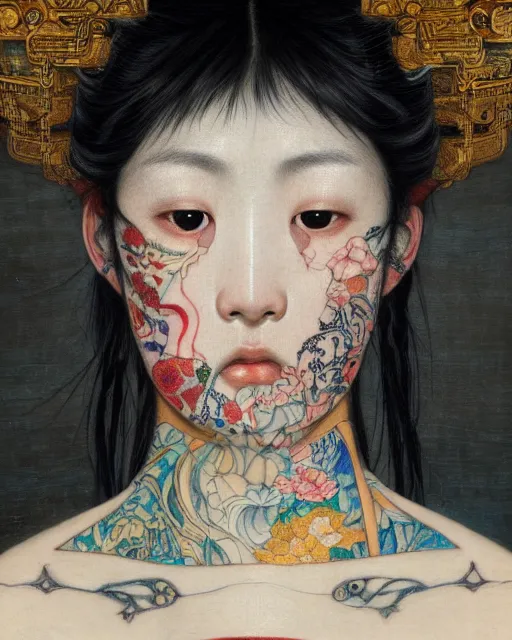 Prompt: close up of a beautiful japanese girl with colourful intricate tattoos, by edgar maxence and caravaggio and michael whelan and delacroix style, artistic, intricate drawing, light brazen, realistic fantasy, extremely detailed and beautiful aesthetic face, 8 k resolution, dramatic lighting