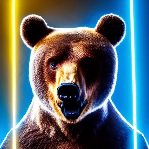 Image similar to portrait photo of bear as a jedi, blue and yellow lighting, dark, cinematic, high quality, 4 k