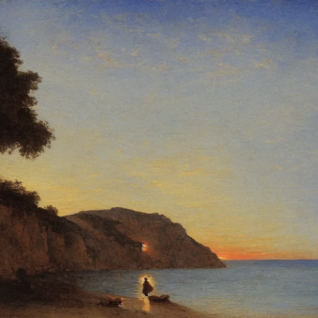 Prompt: a girl on the beach, beautiful sunset, at Ville Franche sur Mer by Claude Lorraine