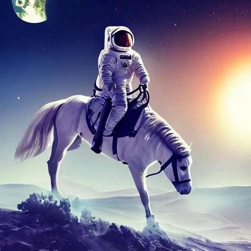 Prompt: an astronaut riding a horse uhd 8 k, artstation, hd, hdr, shuttershock, dramatic lighting, beautiful landscape, moon in the background, incredibly detailed